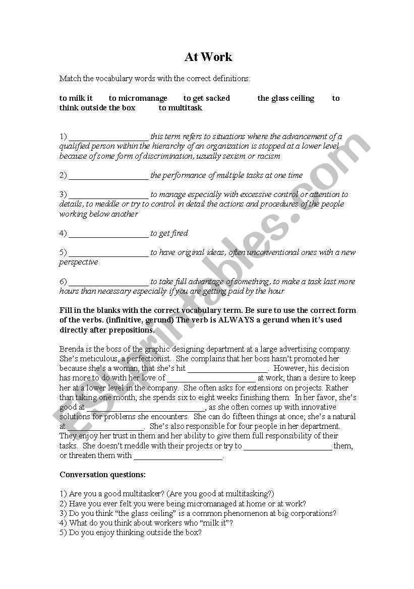 At Work worksheet