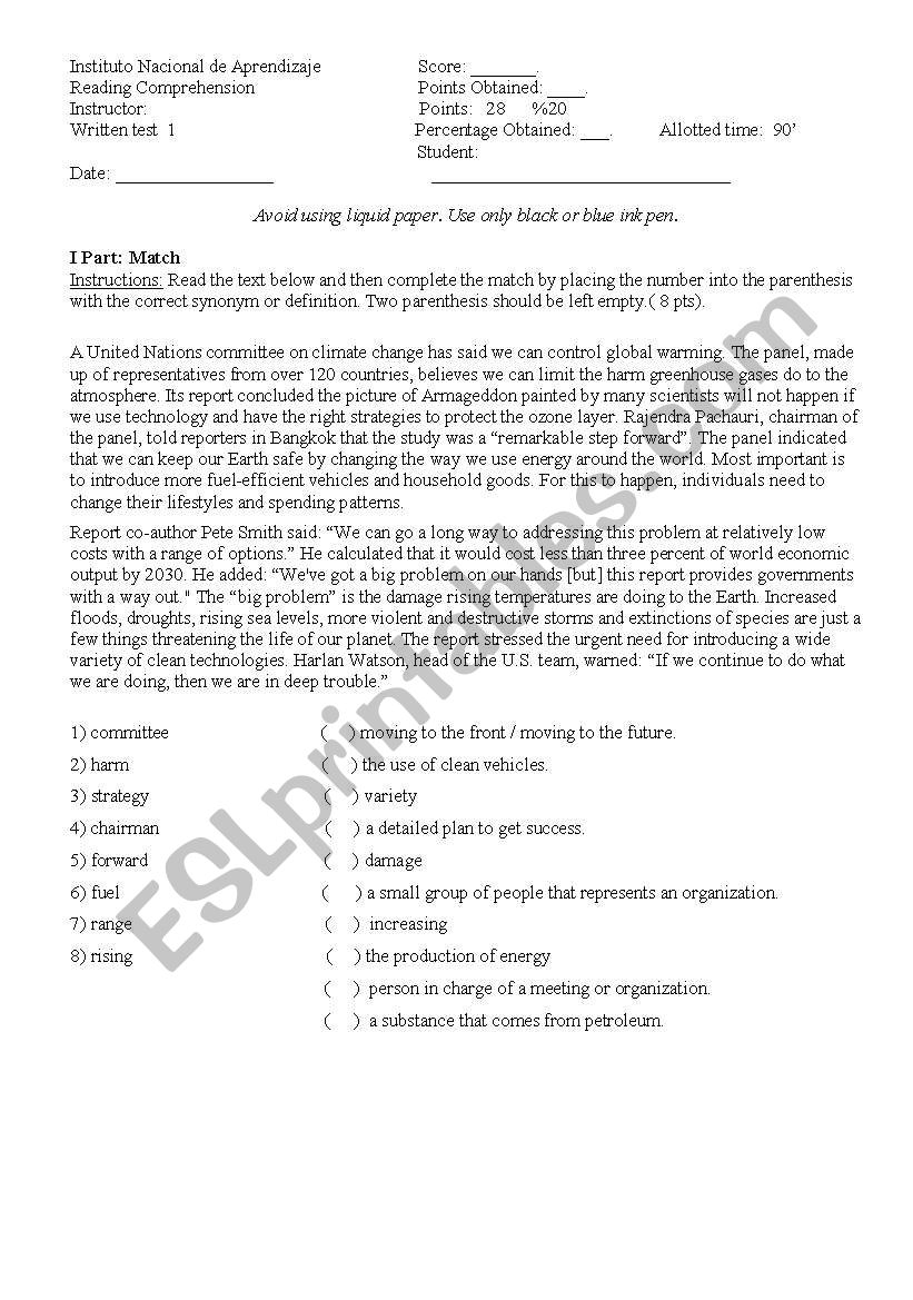 Testing Reading worksheet