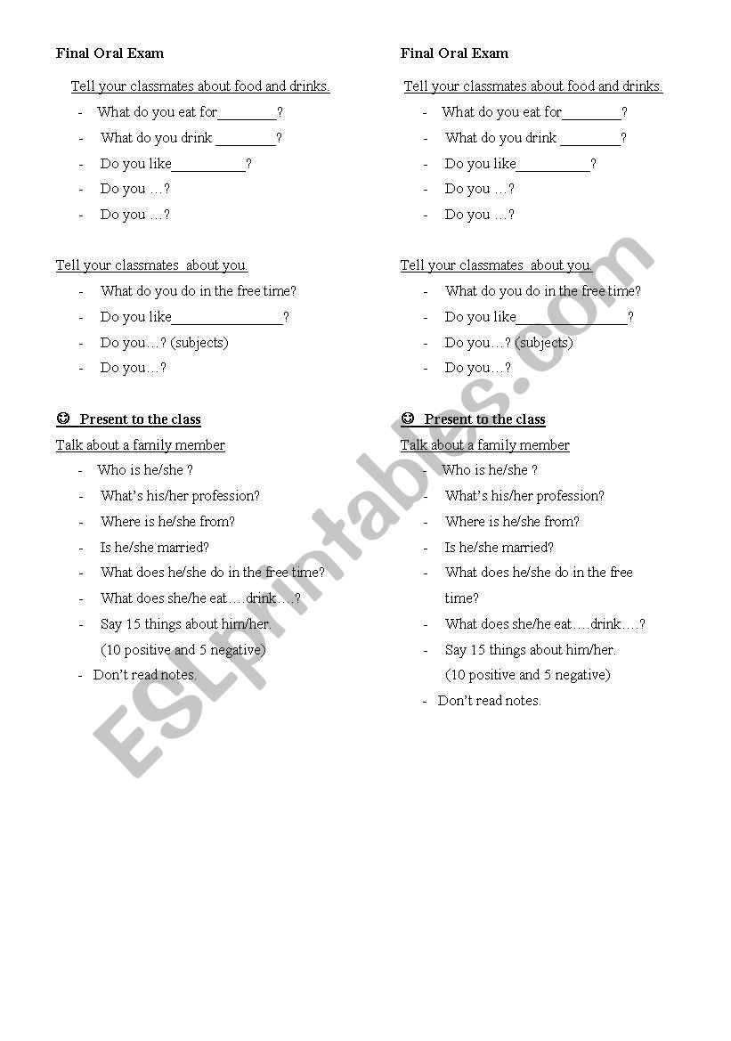 oral test worksheet