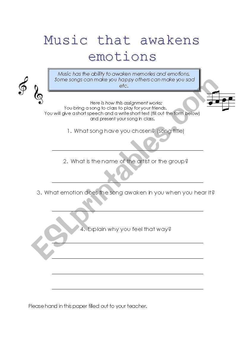Music that awakens emotions worksheet