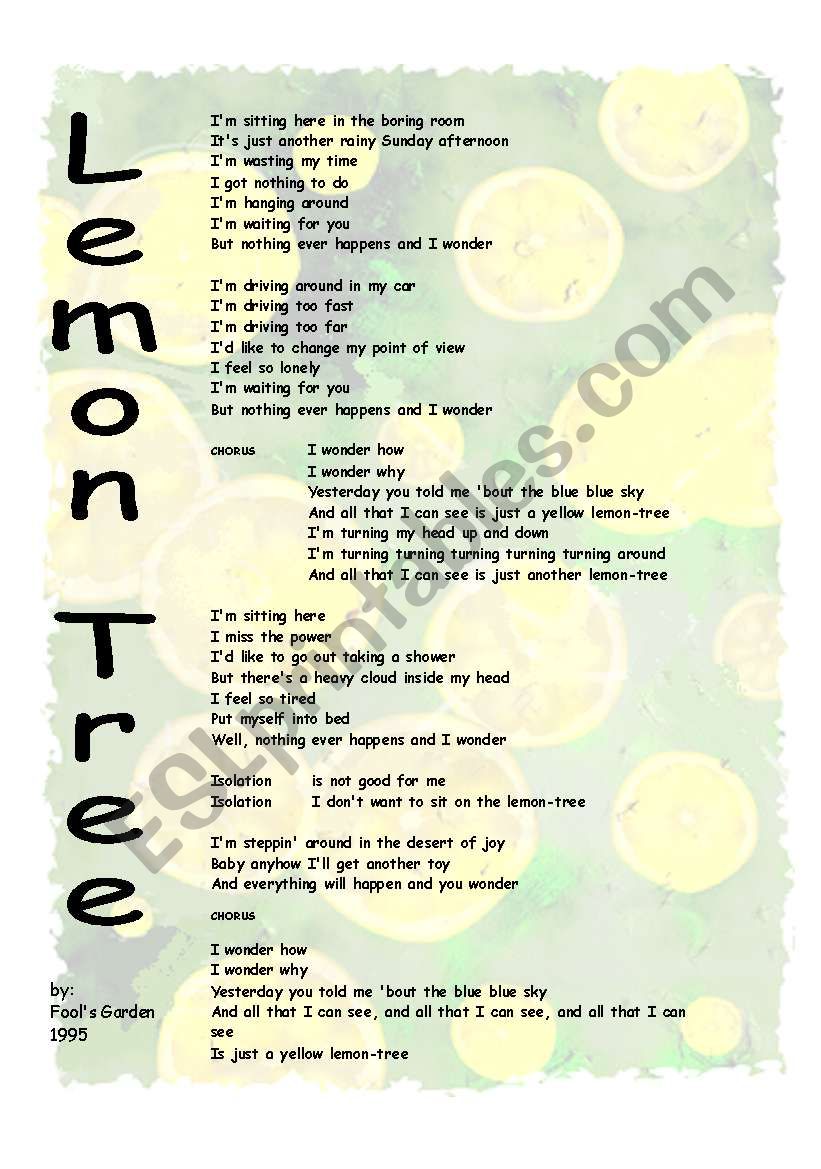Песня lemon tree. Lemon Tree текст. Lemon Tree Fool's Garden текст. Yellow Lemon Tree текст. Лимонное дерево текст песни.