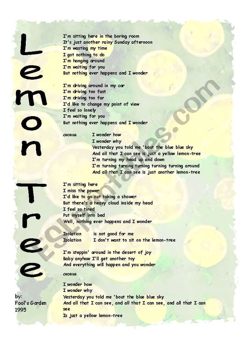 Lemon Tree by Fools garden worksheet
