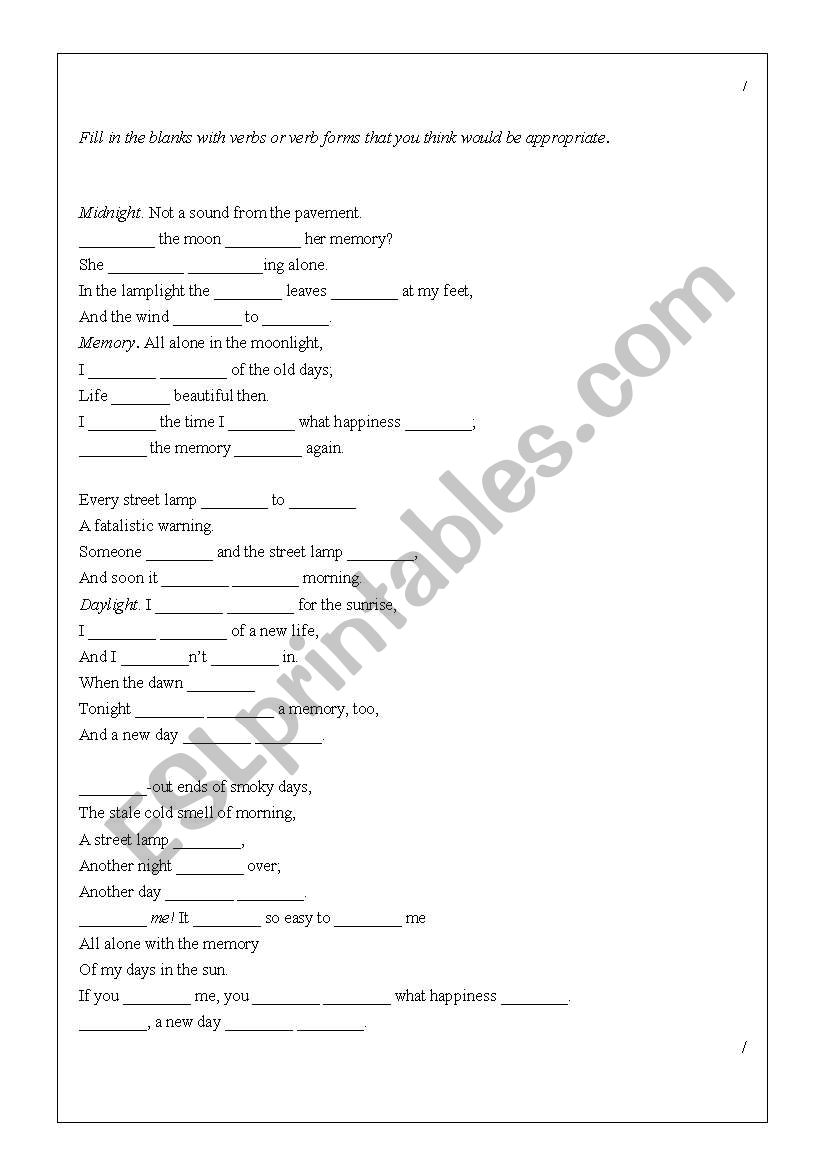 Memory worksheet