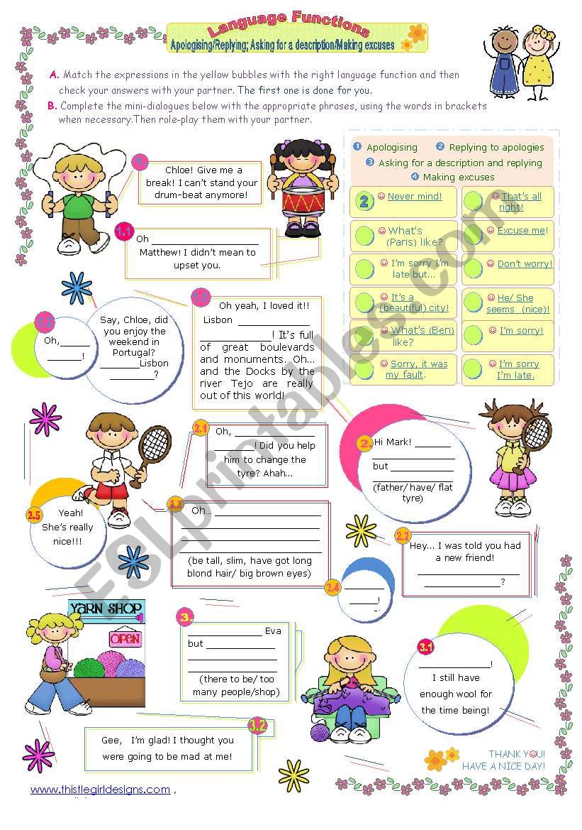 Language functions (8th in the series) - Apologising/replying to apologies; making excuses; Asking for a description and replying