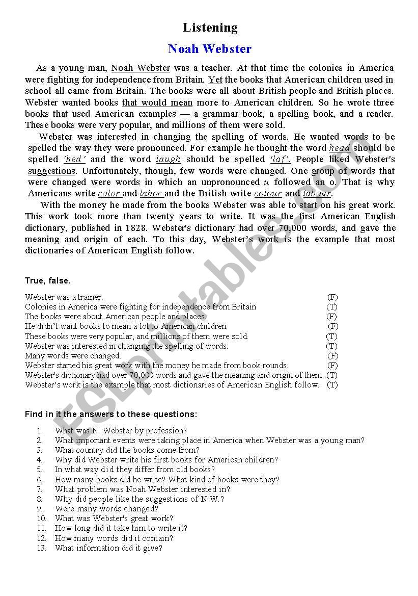 Listening - Noah Webster worksheet