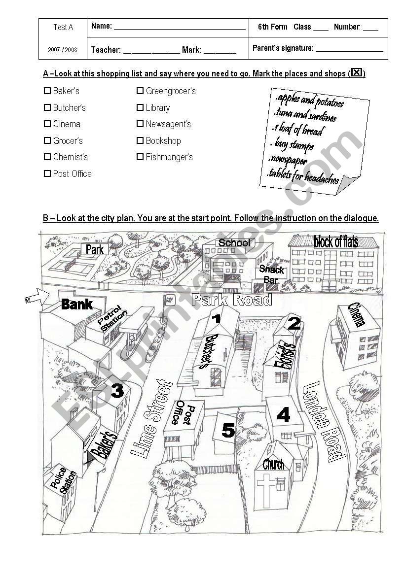 Places in Town / Directions worksheet