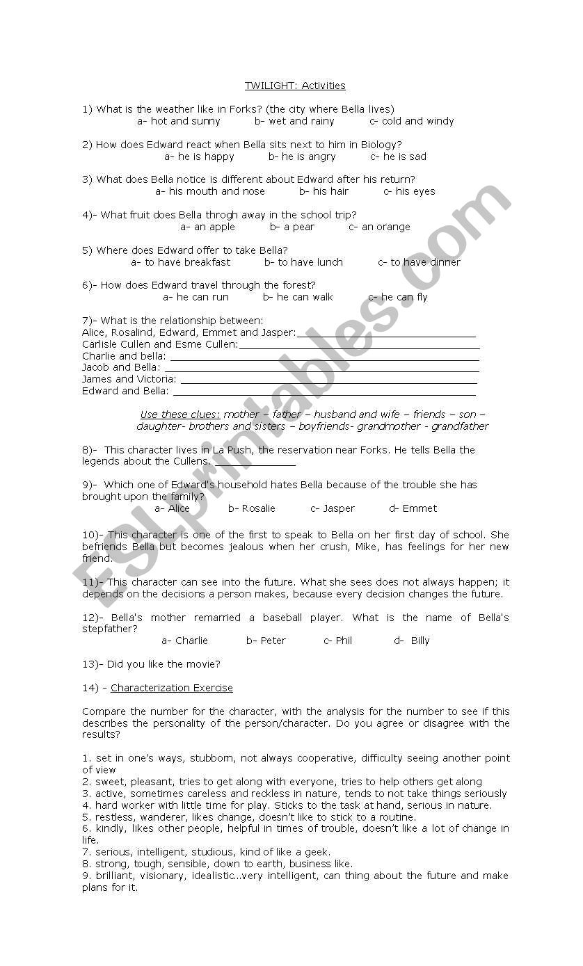 twilight activities worksheet