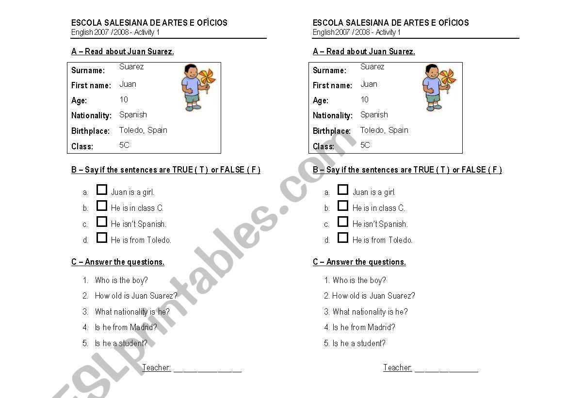 Personal Information worksheet