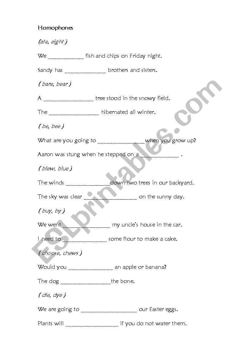 Homophones worksheet