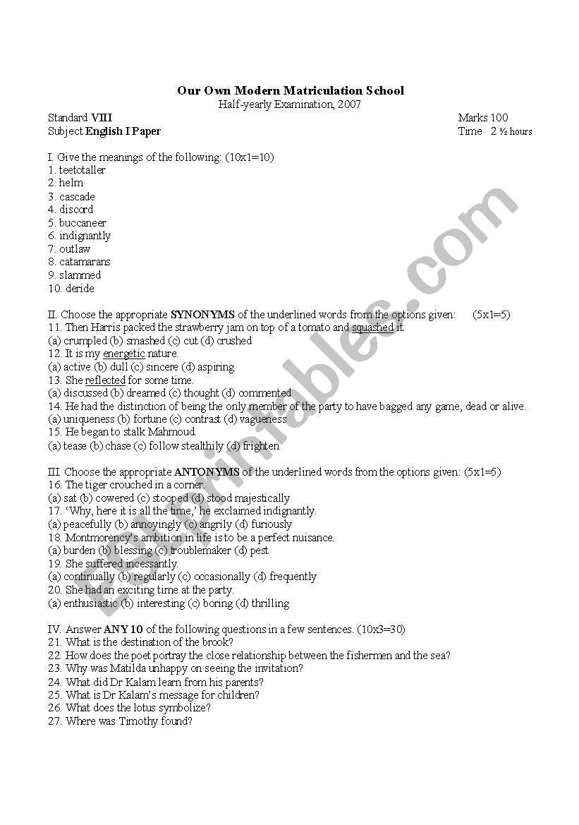 Question worksheet