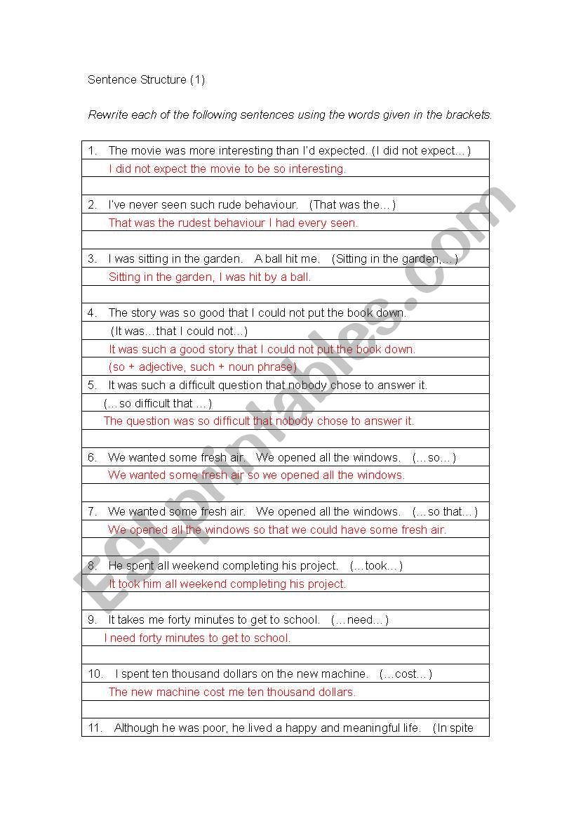 sentence structure worksheet