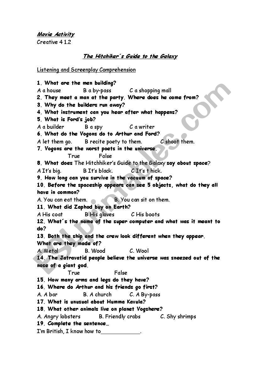 The Hitchhikers Guide to the Galaxy Class Activities