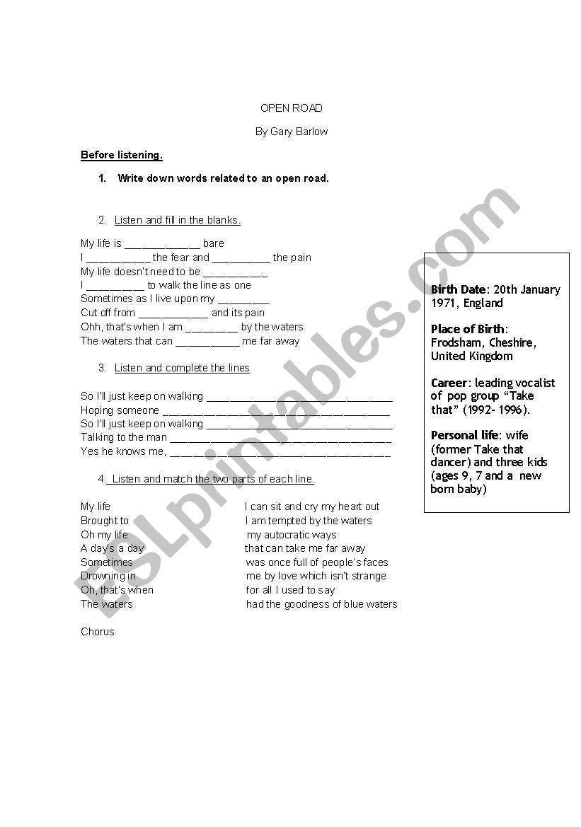 Open road song worksheet