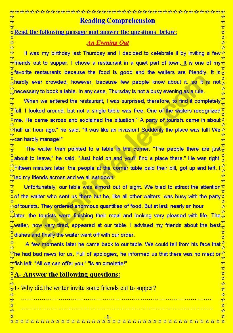 An evening Out worksheet