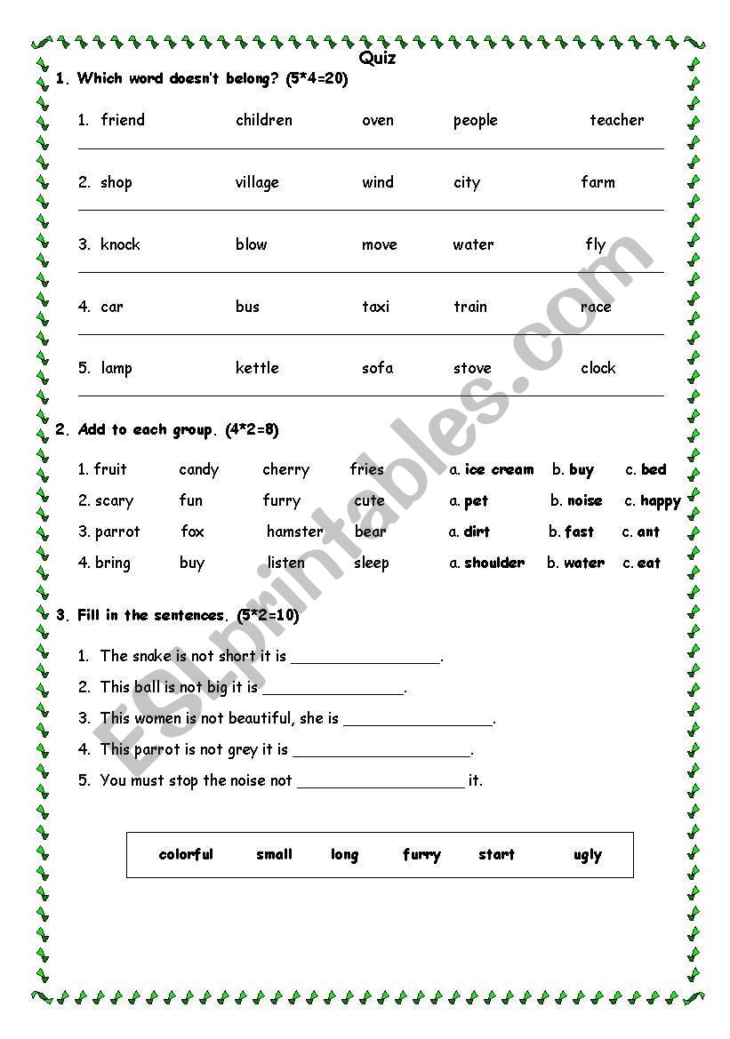 Vocabulary quiz worksheet