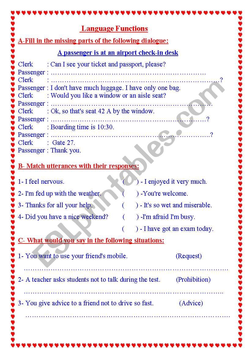 Language Functions worksheet