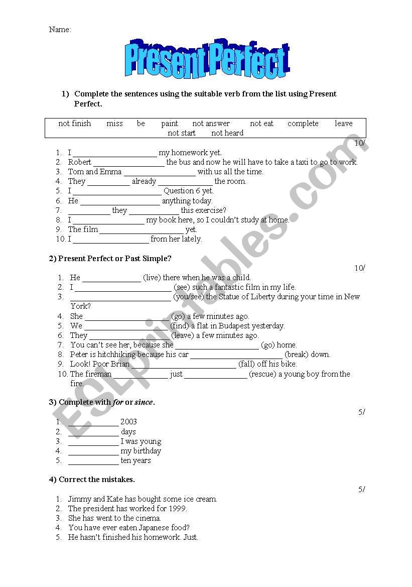 Present Perfect (test) worksheet