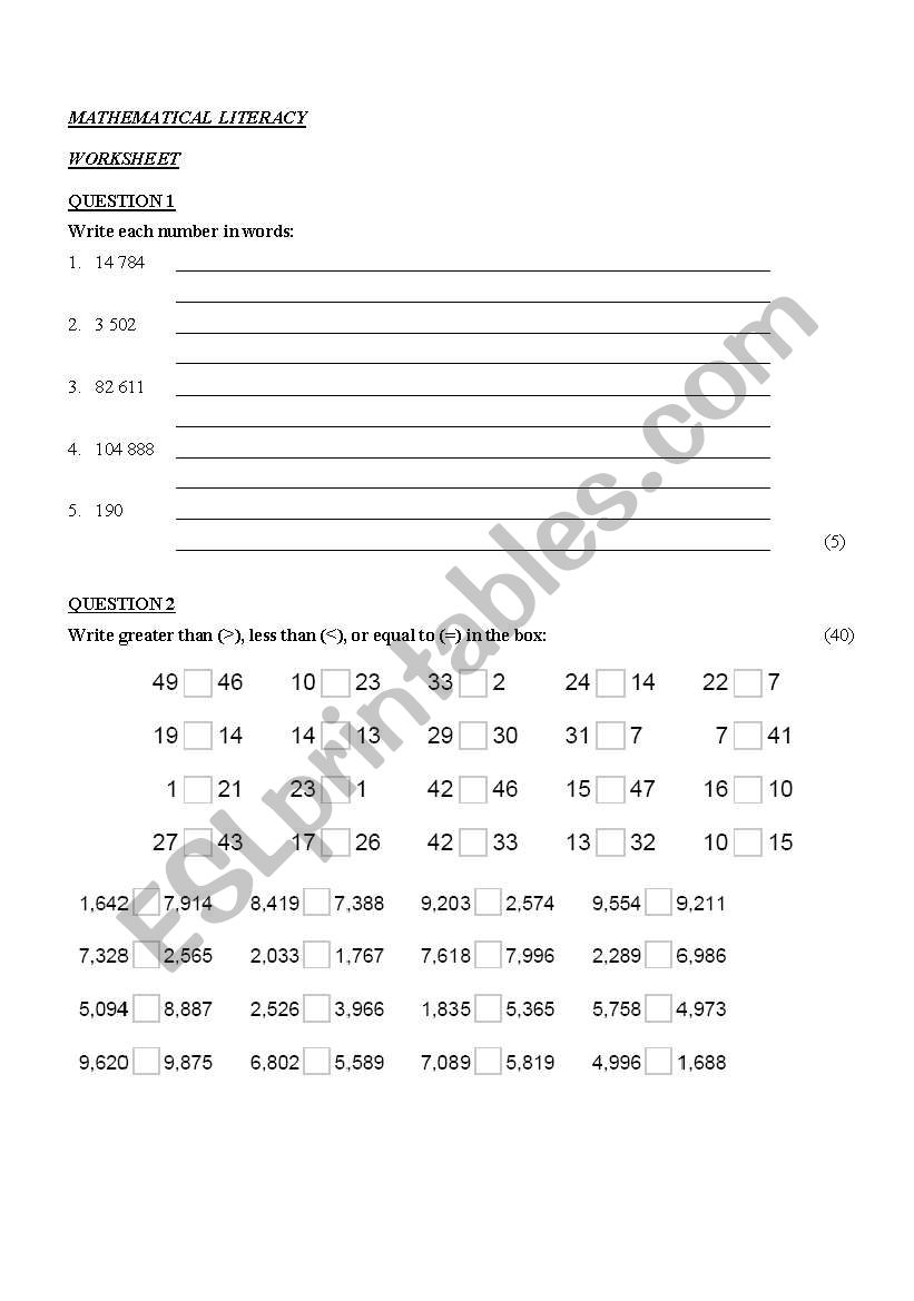 Basic mathematical literacy 1 worksheet