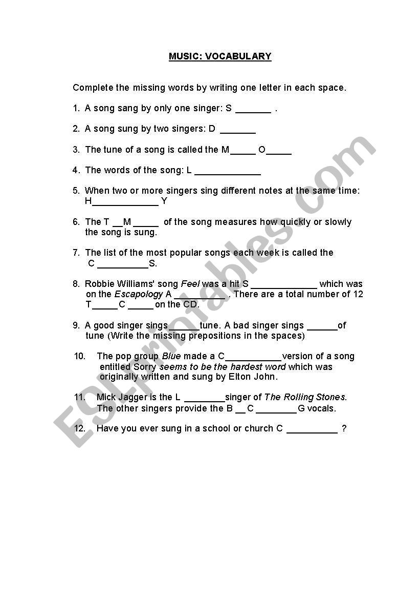 Music vocabulary worksheet