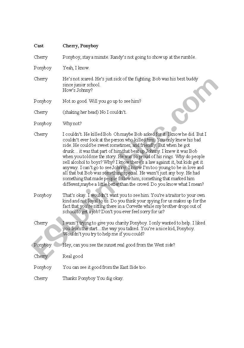 outsiders script - the scene with Ponyboy and Cherry talking about sunsets