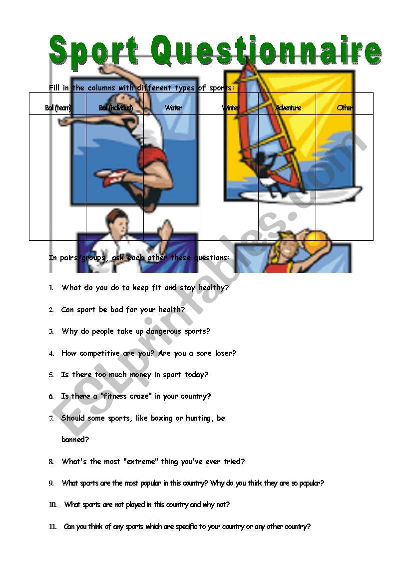 Sport Questionnaire worksheet