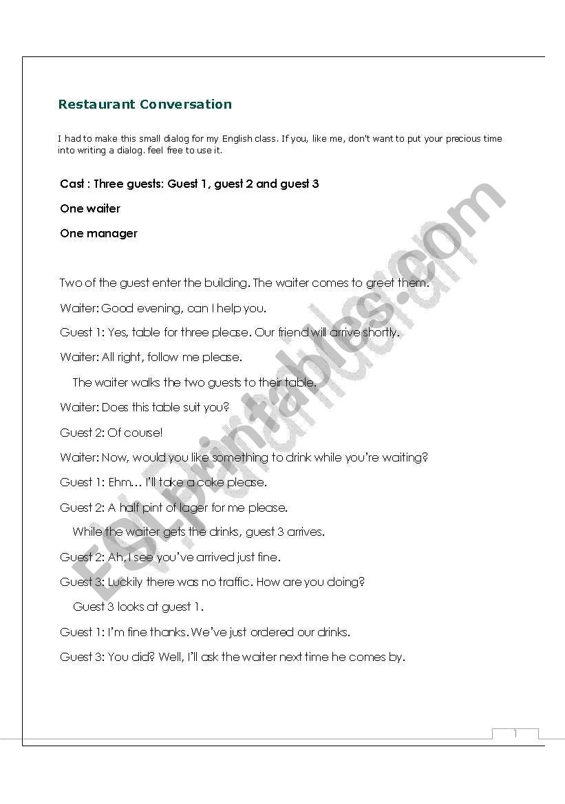 restaurant conversation worksheet
