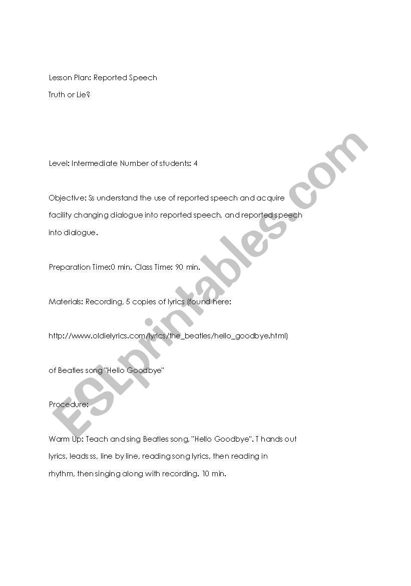 Reported Speech lesson plan worksheet