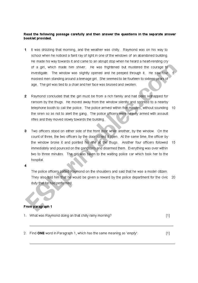 Reading comprehension worksheet