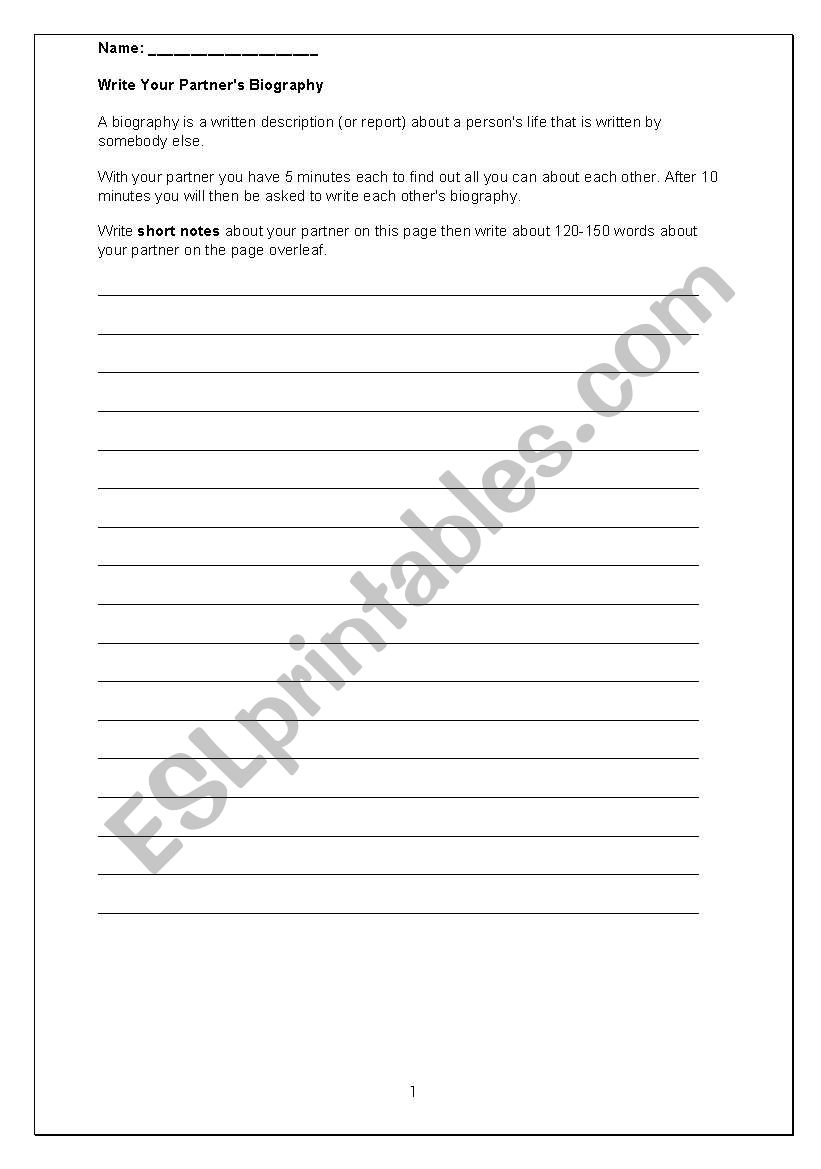 Writing a short biography worksheet