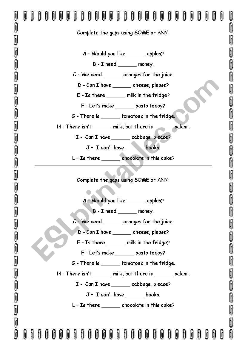 Some and Any phrases worksheet