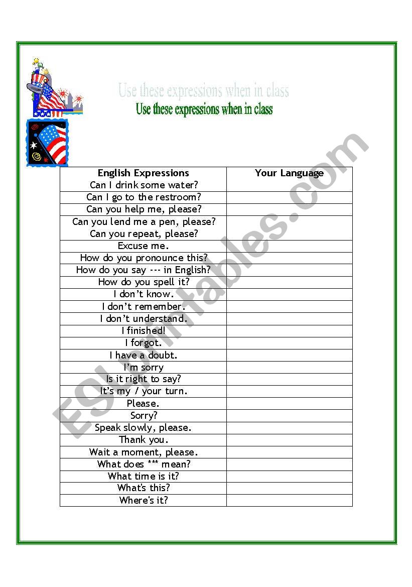 Classroom Language worksheet