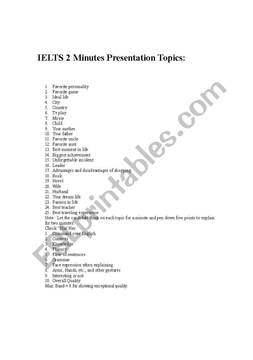 Minutes Presentation Topics worksheet