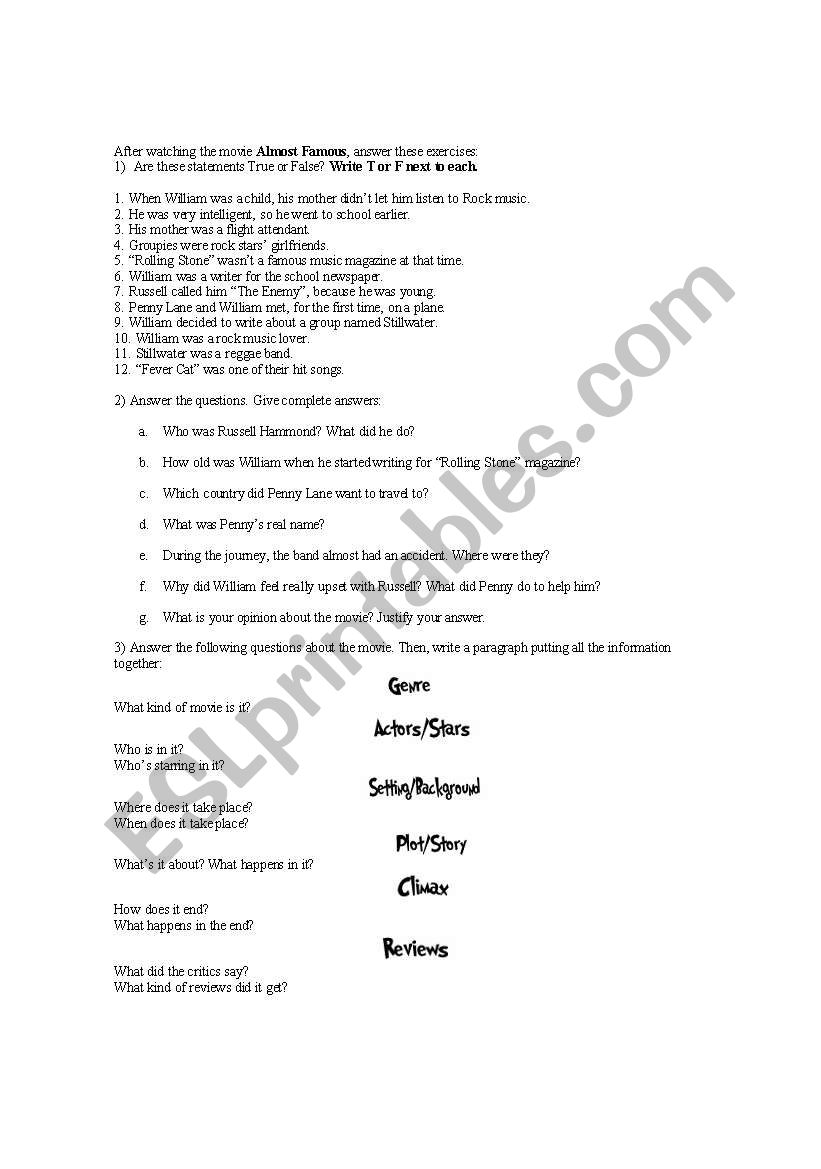 Almost Famous Movie Activity worksheet