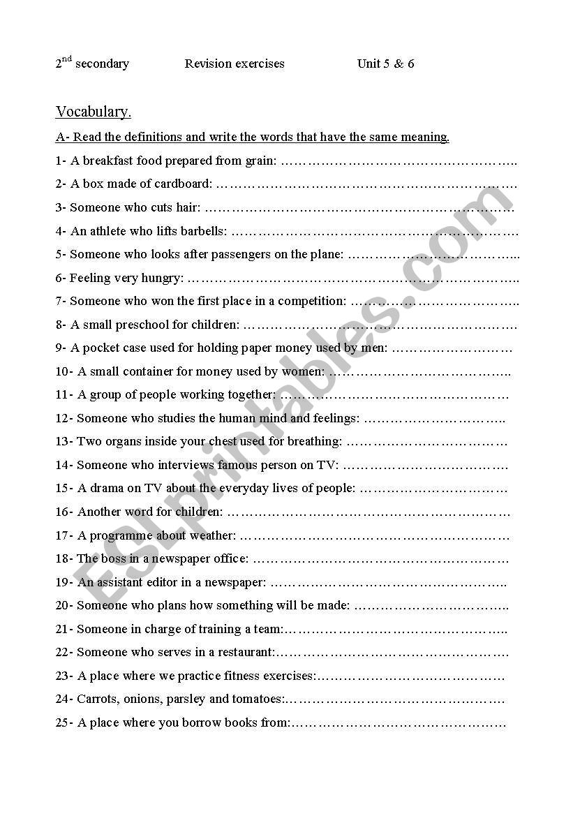 revision exercises: vocabulary/grammar/writing samples