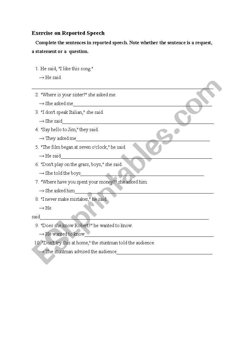 reported speech worksheet