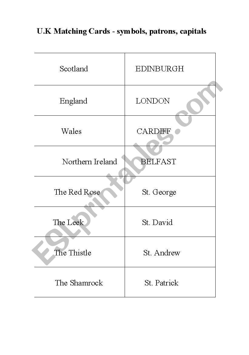 UK Matching cards worksheet