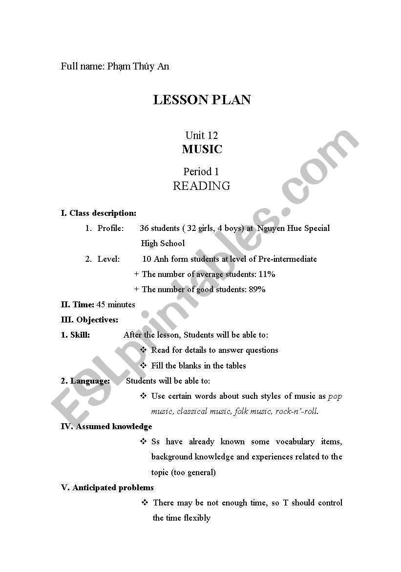 Lesson plan-Unit 12 Reading - English 10 Advanced