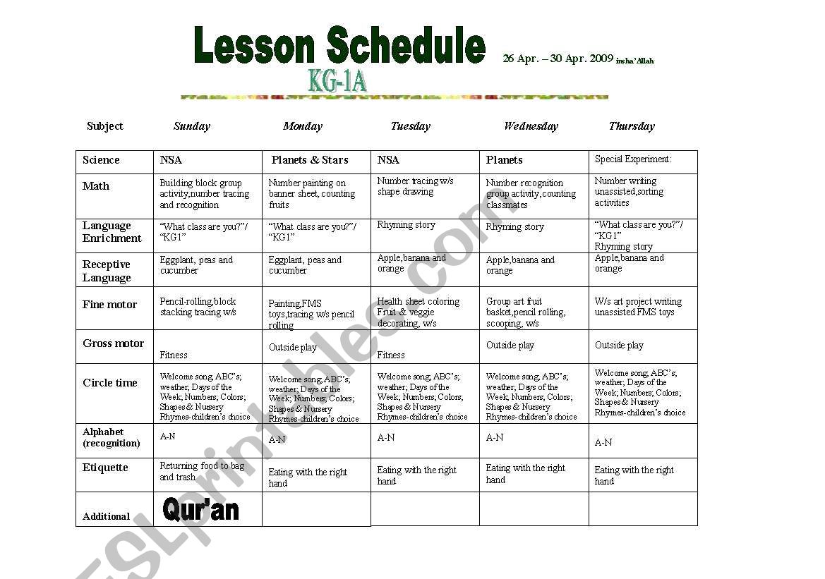 Lesson schedule worksheet