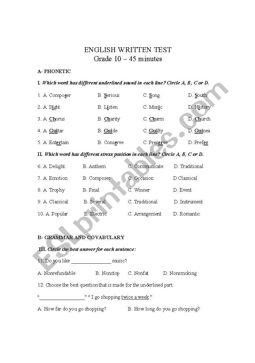 Written test English 10 ( advanced) unit 12+13