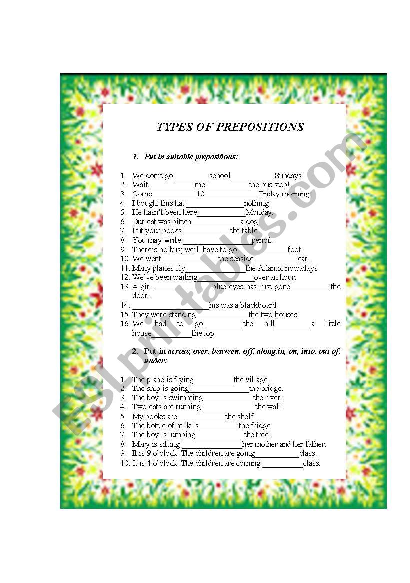 Types of prepositions worksheet