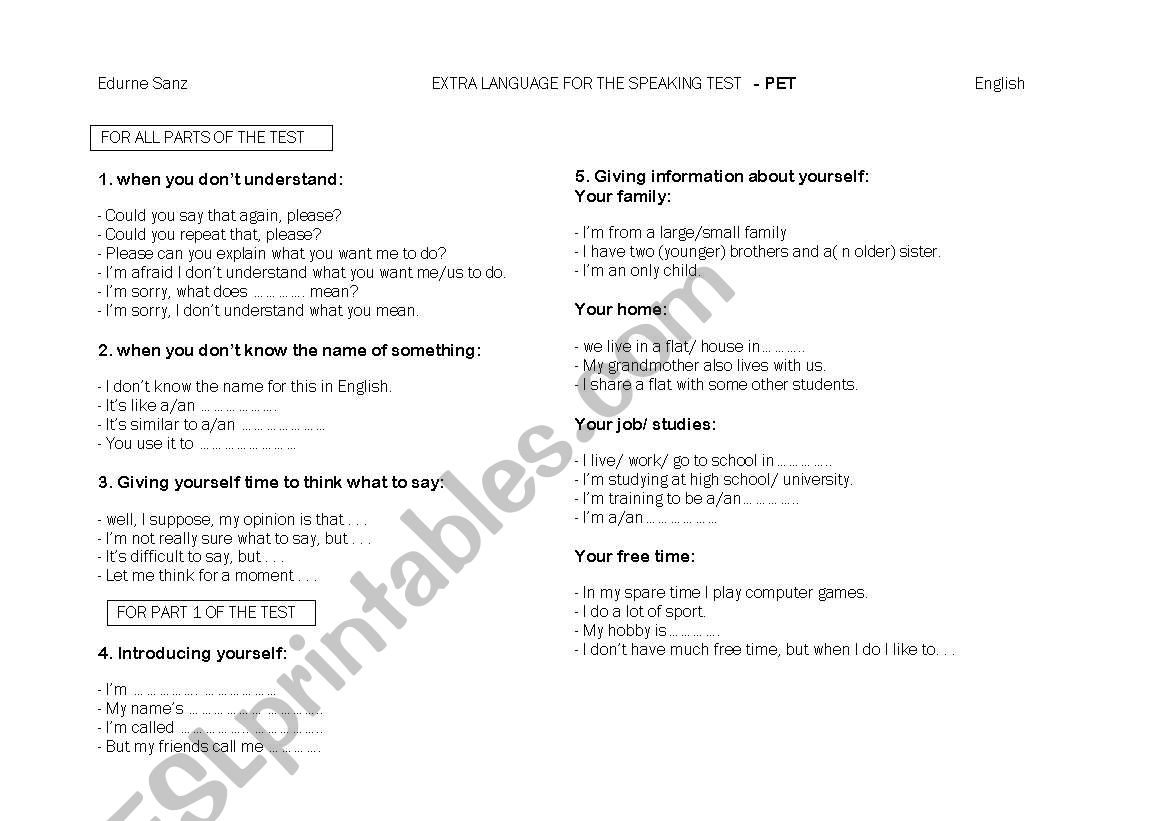 Extra language for speaking  worksheet