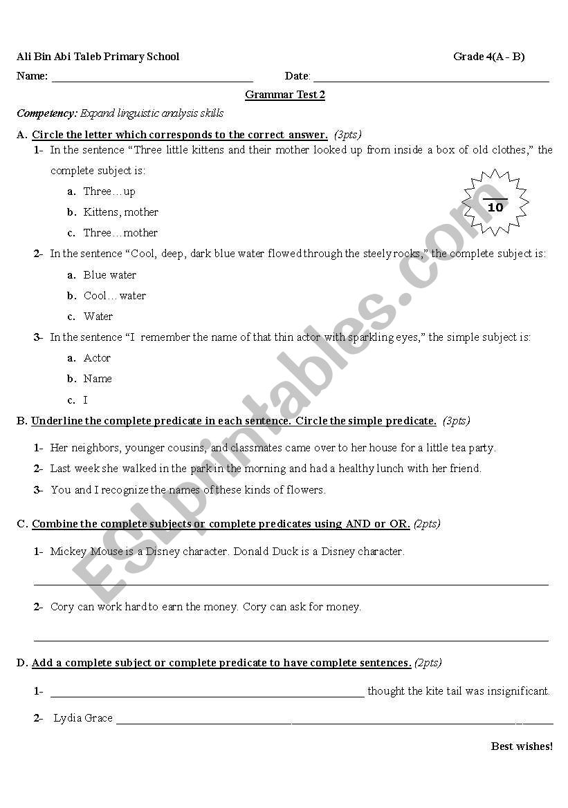 Subjects and Predicates worksheet