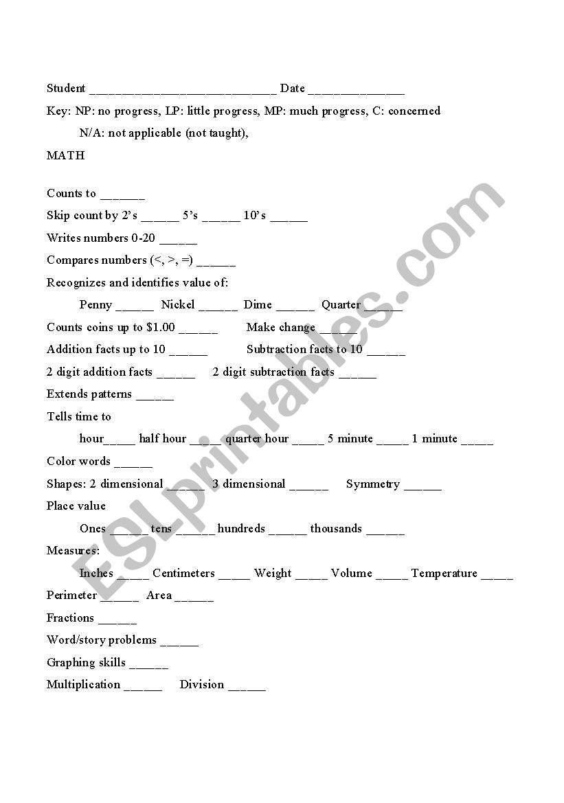 primary math progress report worksheet