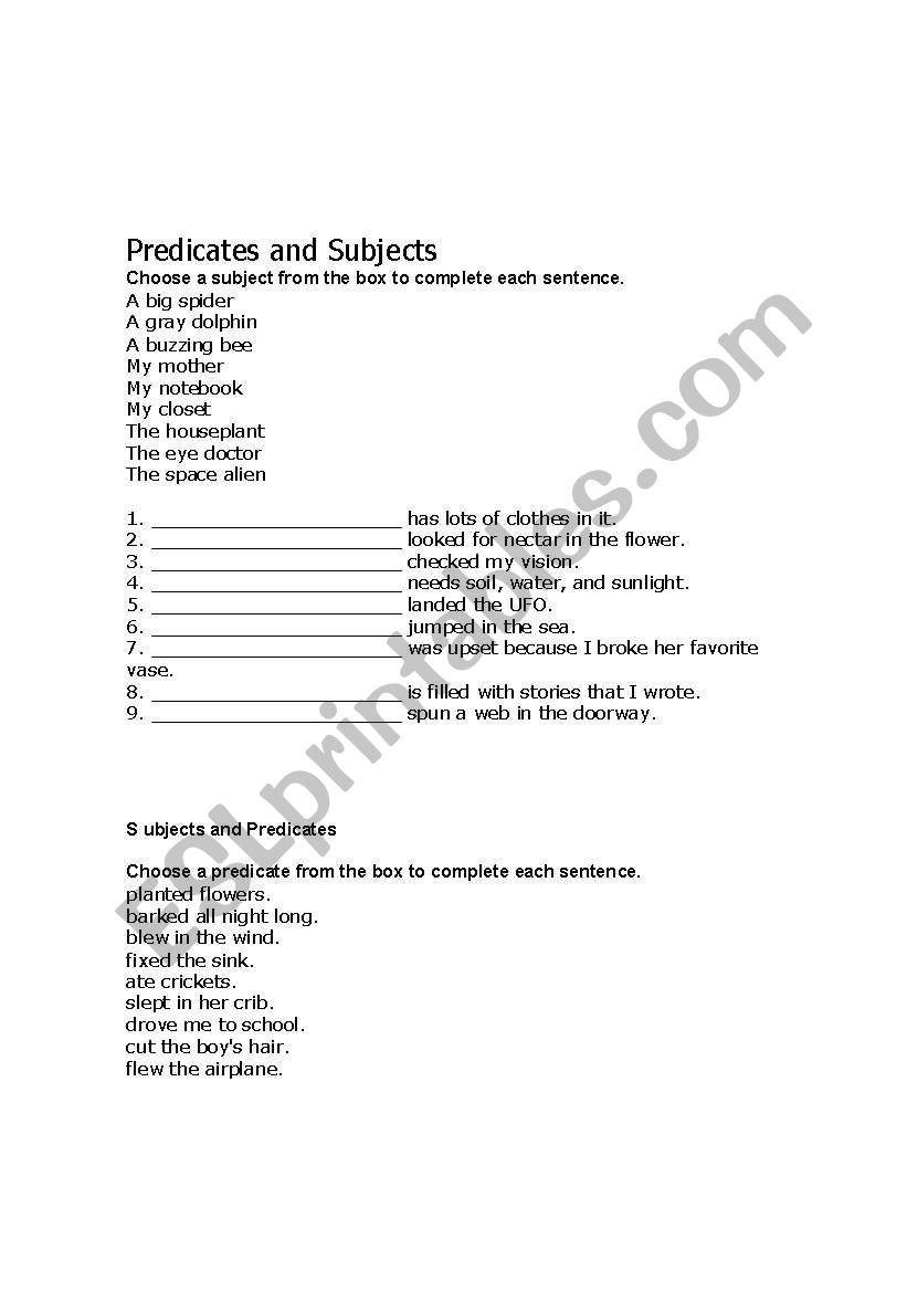 Predicates and Subjects worksheet