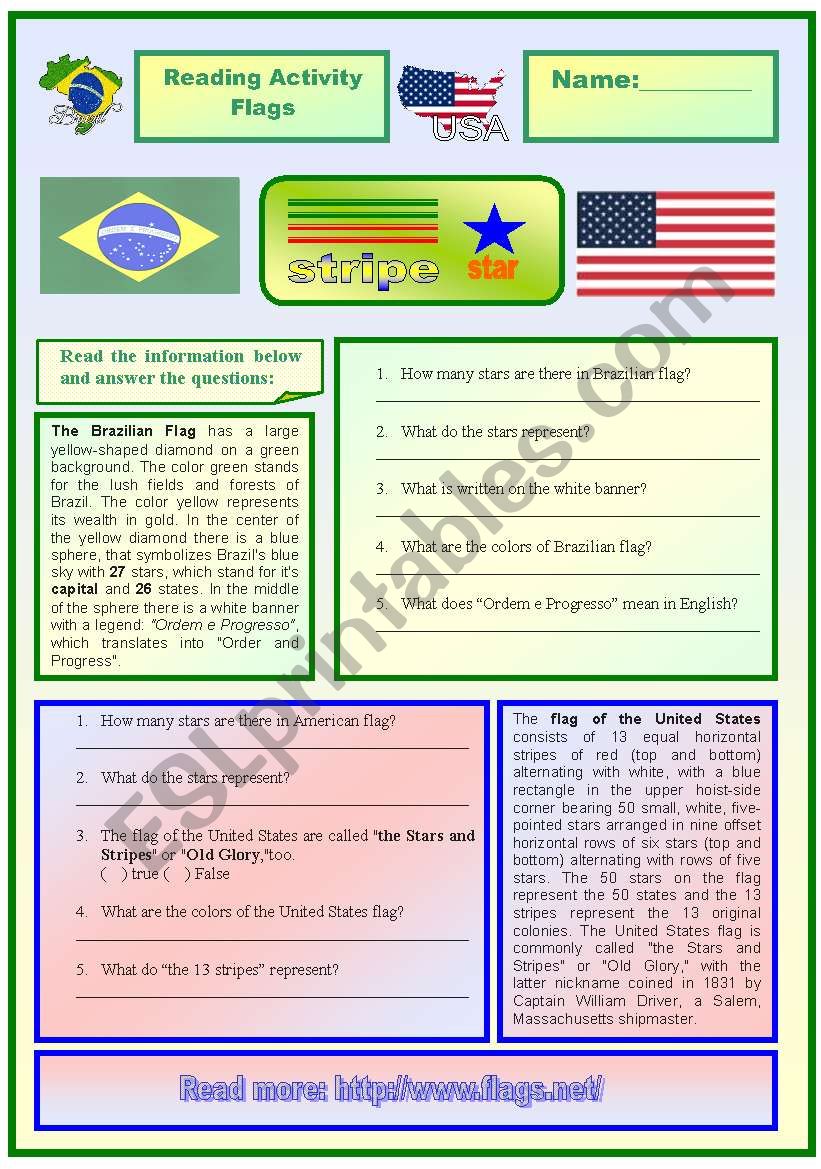 Brazil and  USAs flags worksheet