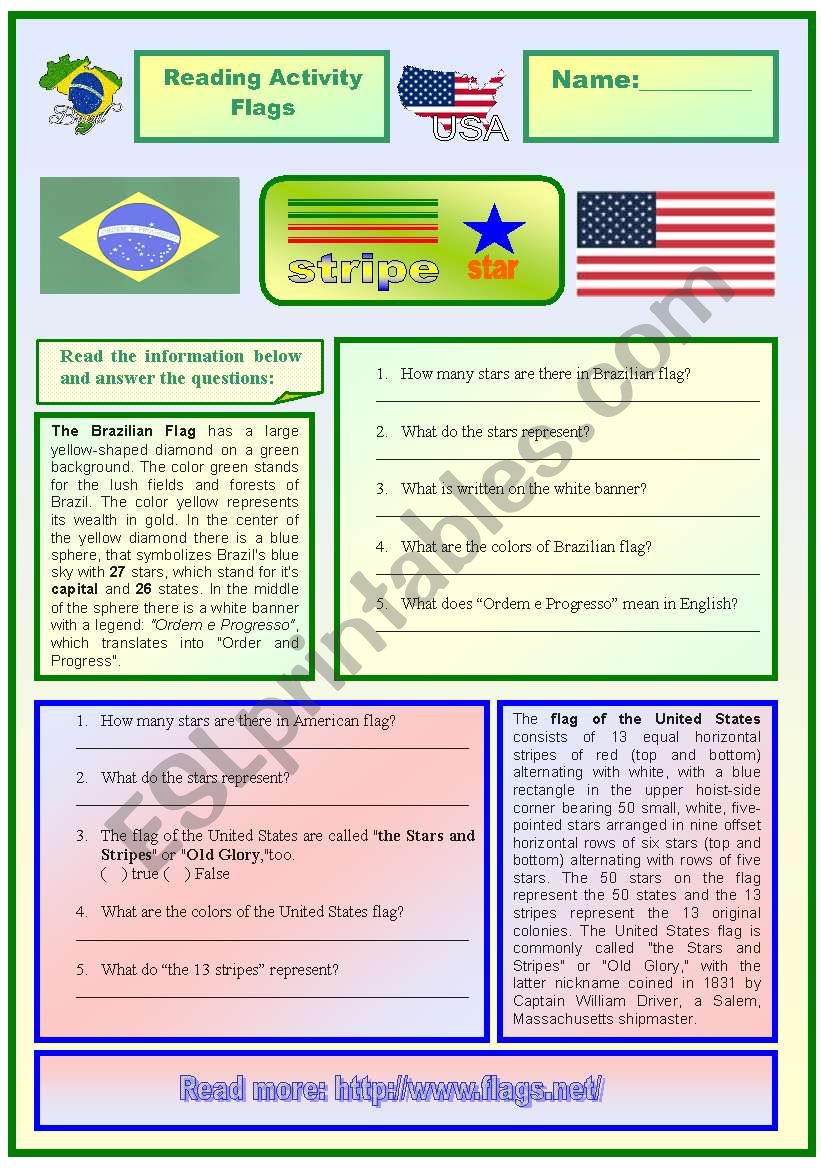 Brazil and  USAs flags worksheet