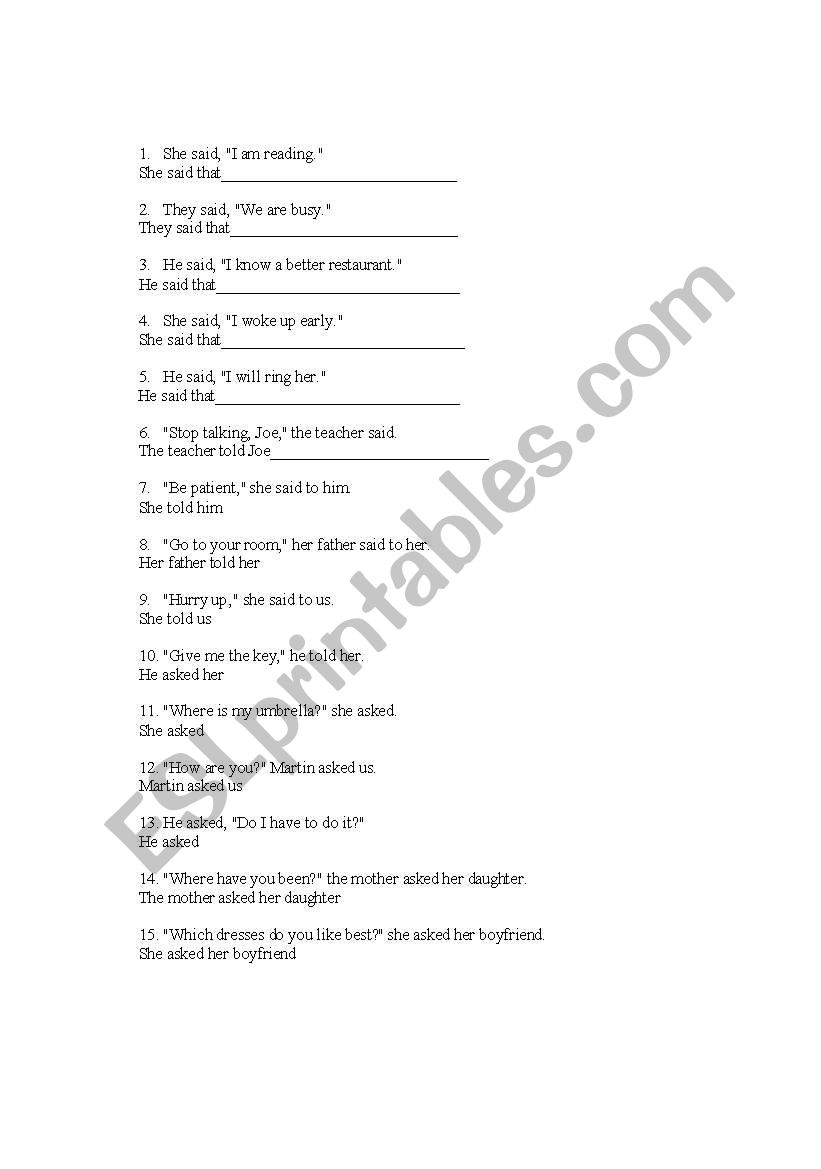 Indirect Speech worksheet