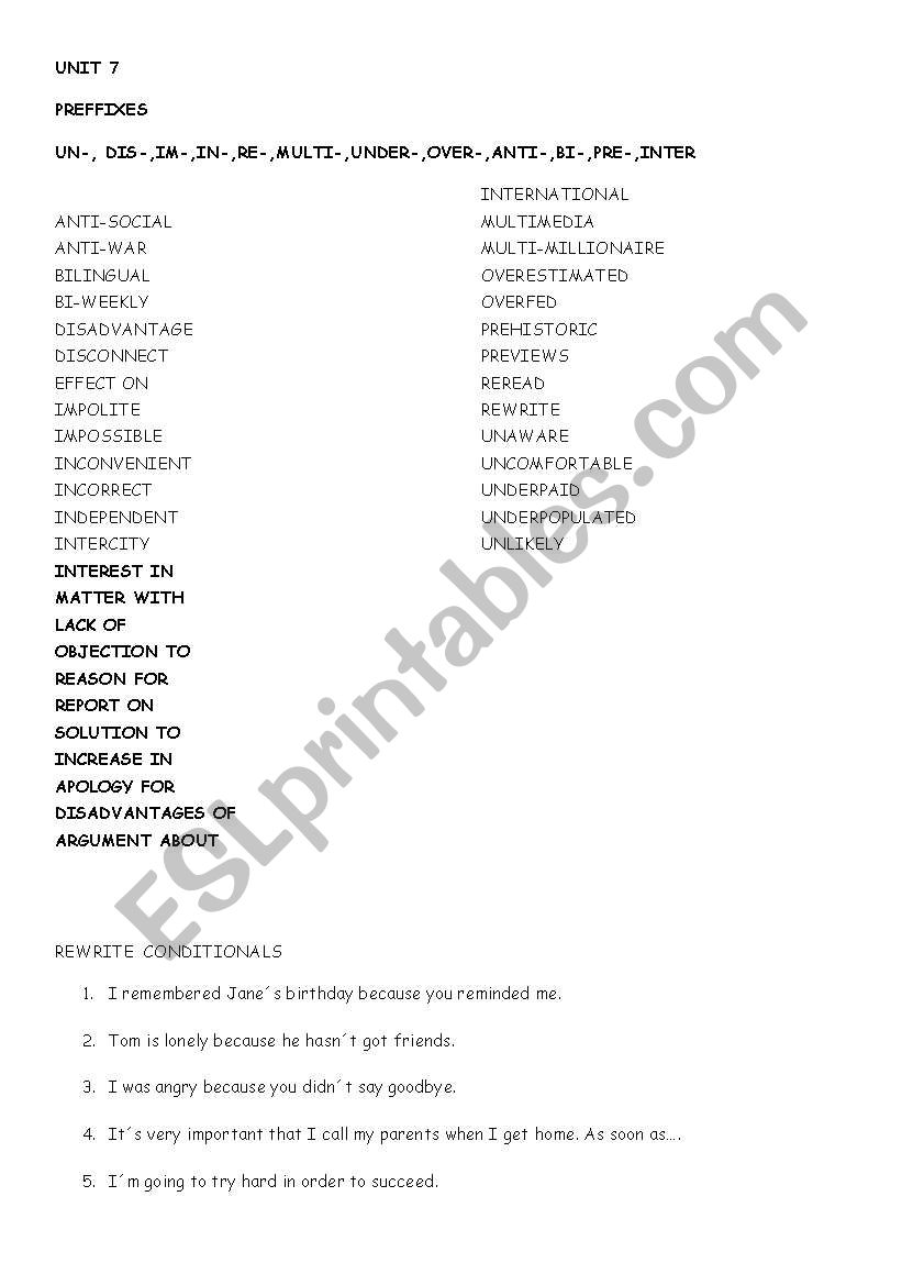 PREFIXES AND CONDITIONALS worksheet