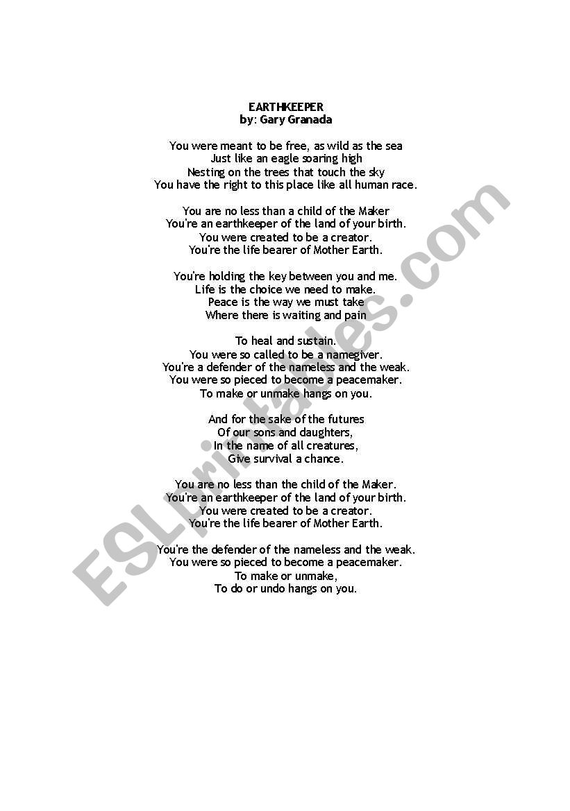 EarthKeeper - speech choir worksheet