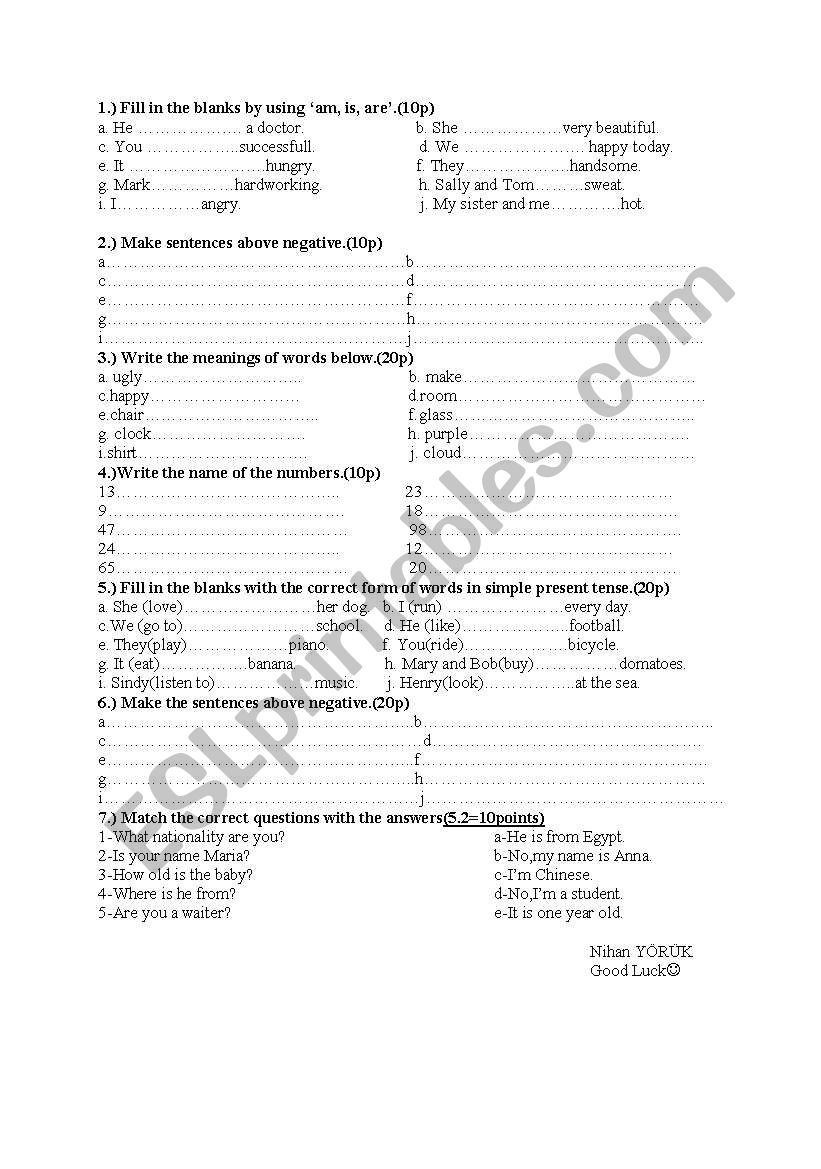 beginners test worksheet